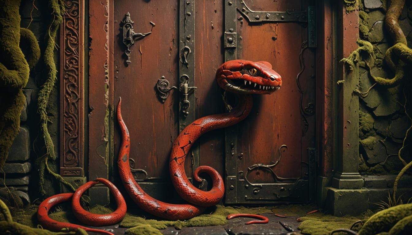 Eerie Red Snake Guardian in Dark Fantasy Forest