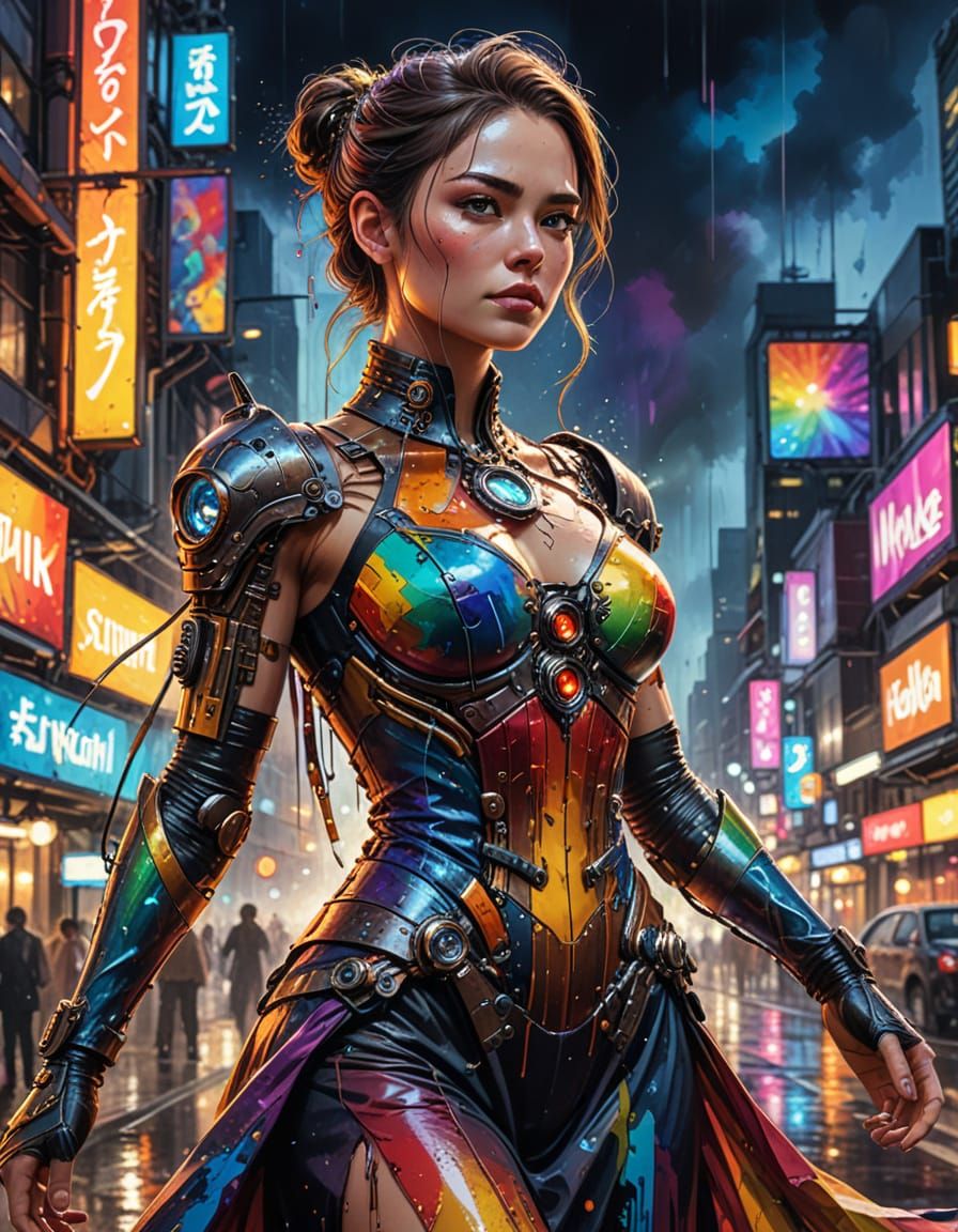 Steampunk Cyborg Woman in Rainbow Dress in Tokyo