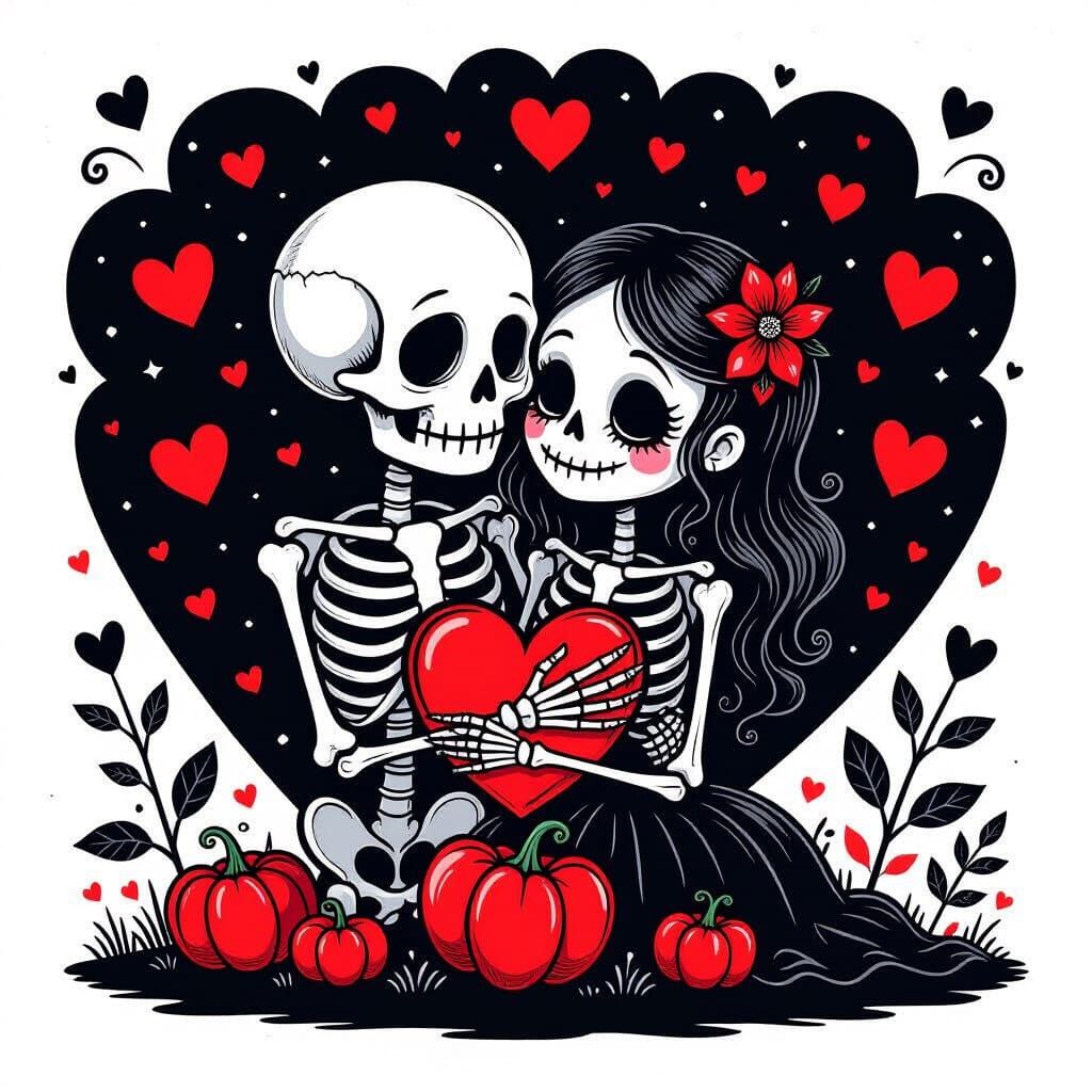 Gothic Skeleton Couple Valentine Card Illustration
