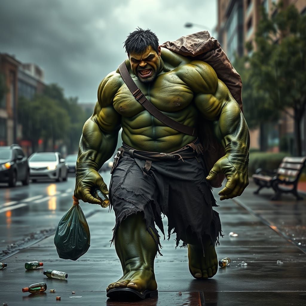 Hyper-Realistic Hulk Amidst Urban Decay