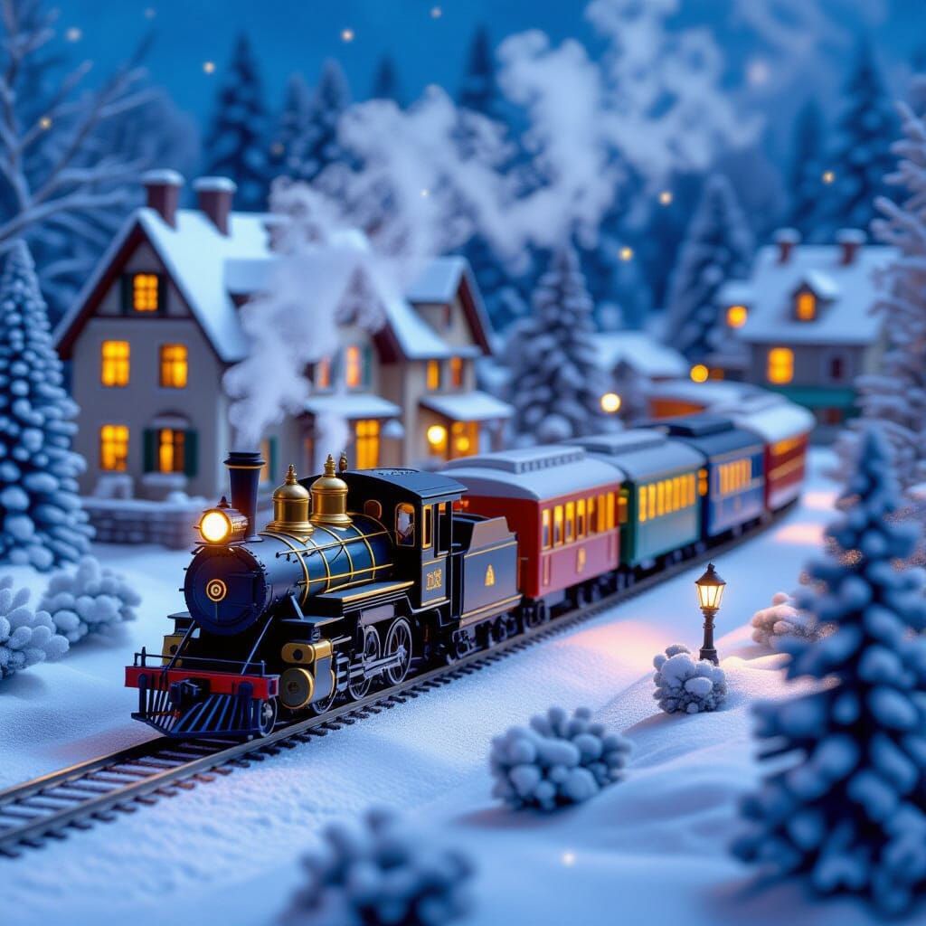 Toy Train Diorama Through Snowy Village