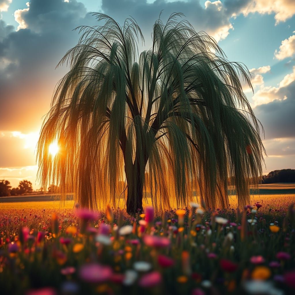 Majestic Weeping Willow in Wildflower Field at Golden Hour