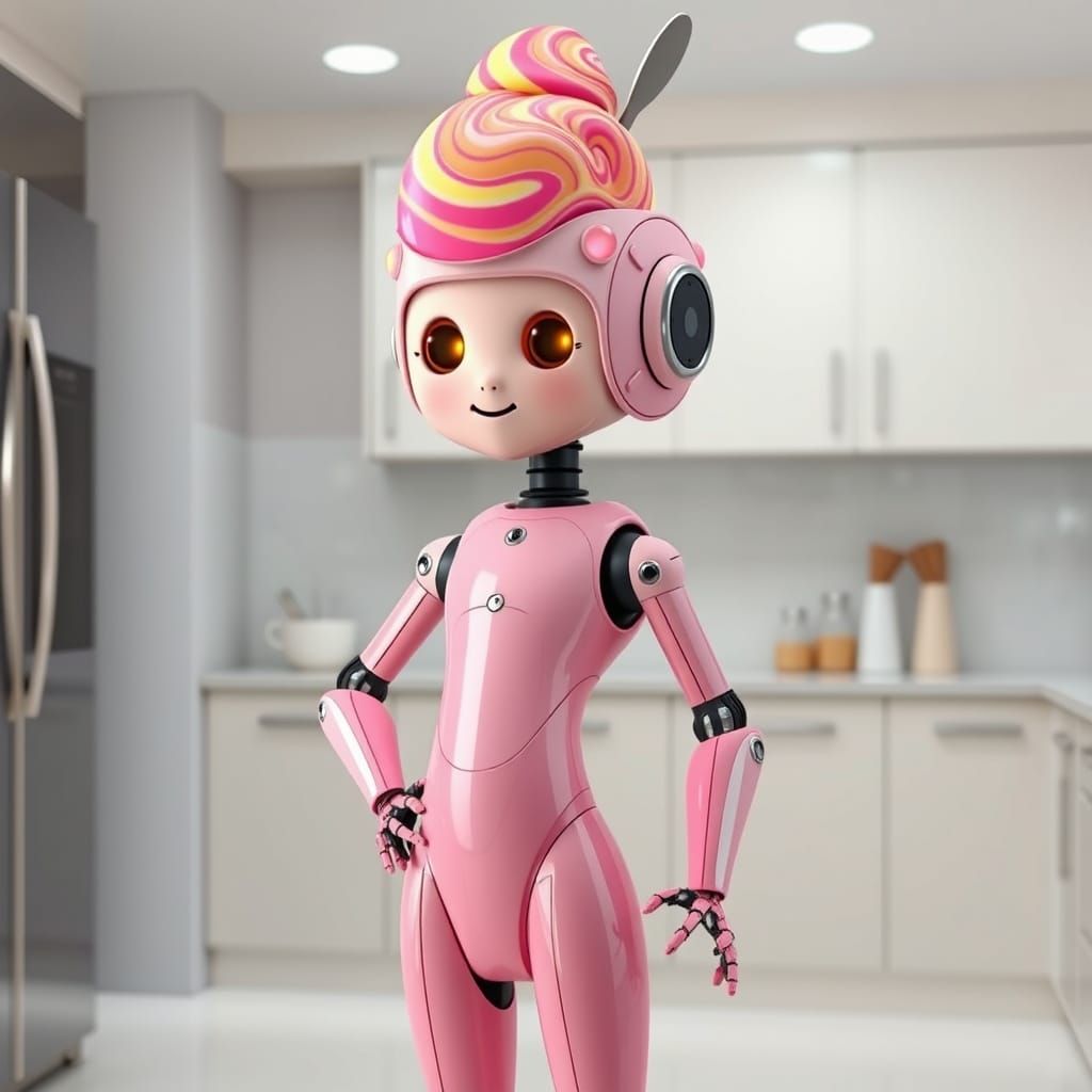 Pink Robot with Ice Cream Machine in Futuristic Kitchen
