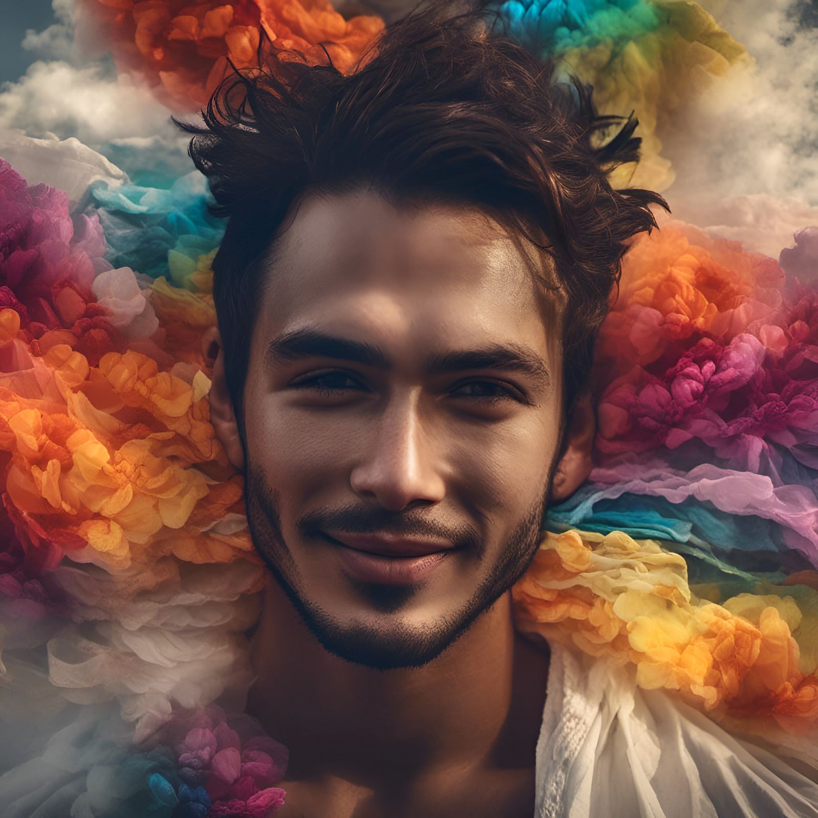 Smiling Latino Man with Rainbow Fabric Face