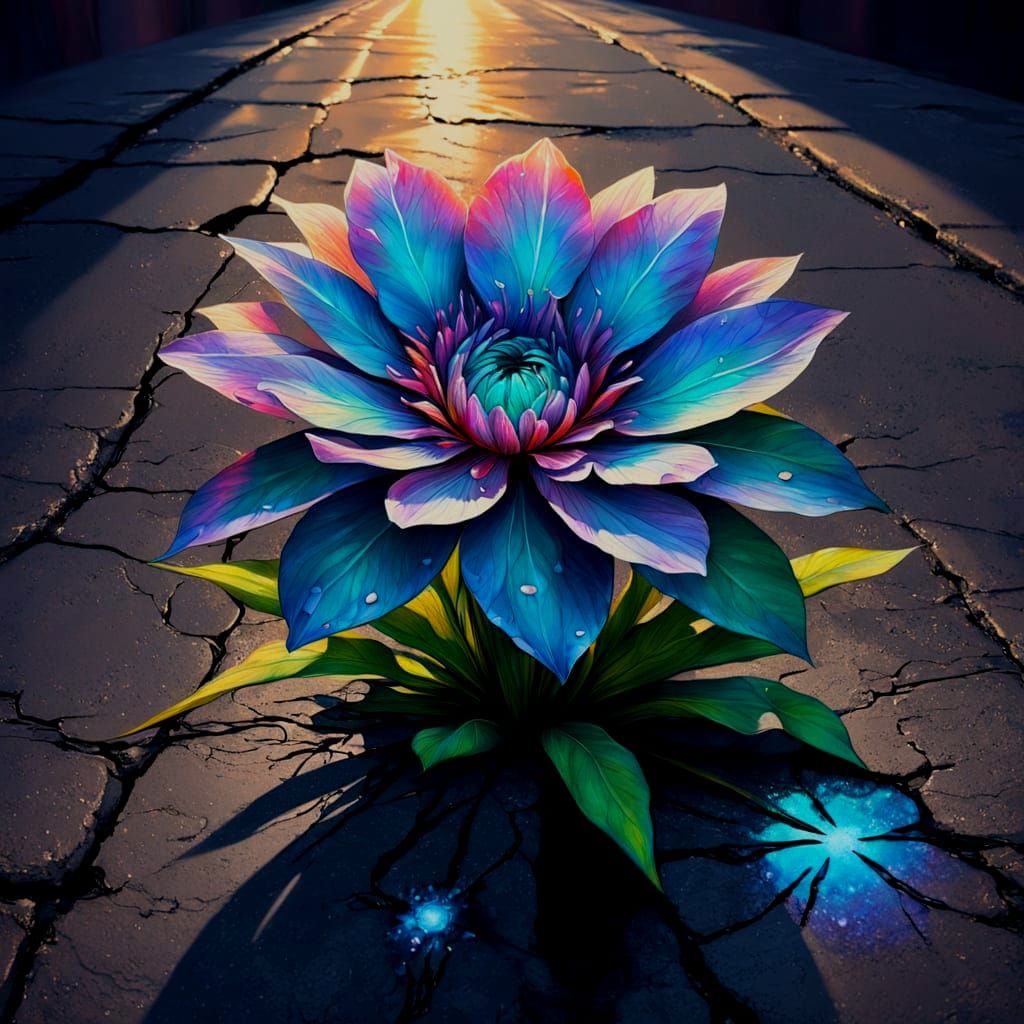 Surreal Iridescent Bloom Radiates Hope Amidst Urban Decay