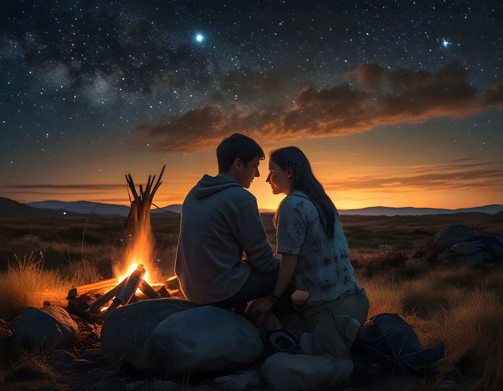 Couple Warming Up by Lively Campfire Under Starry Night