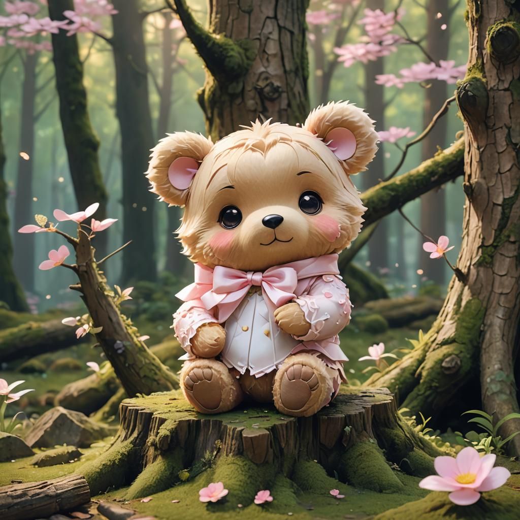 Surreal Pastel Bear Portrait in Whimsical Forest