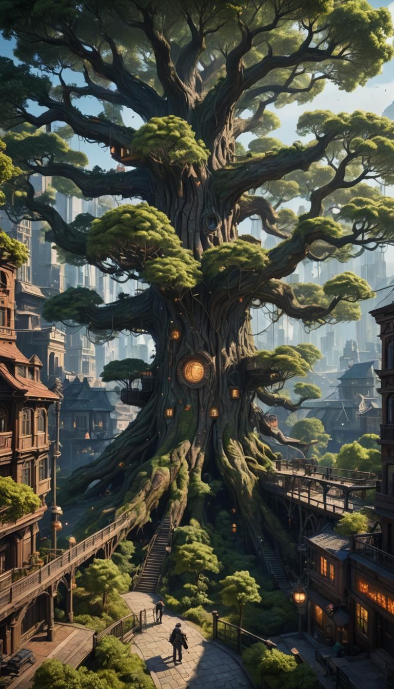 Giant Tree City in a Forest, Detailed Matte Painting