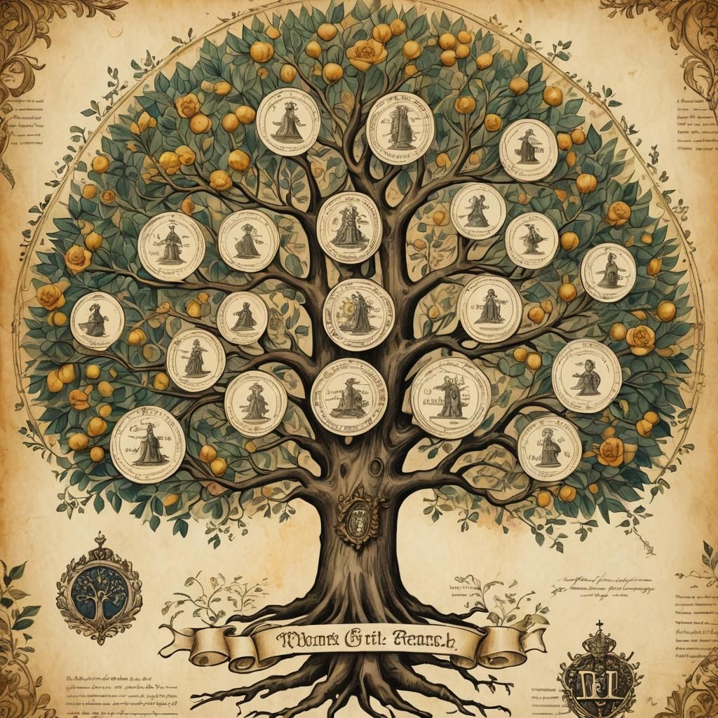 Infographic. Genogram. On old parchment paper.