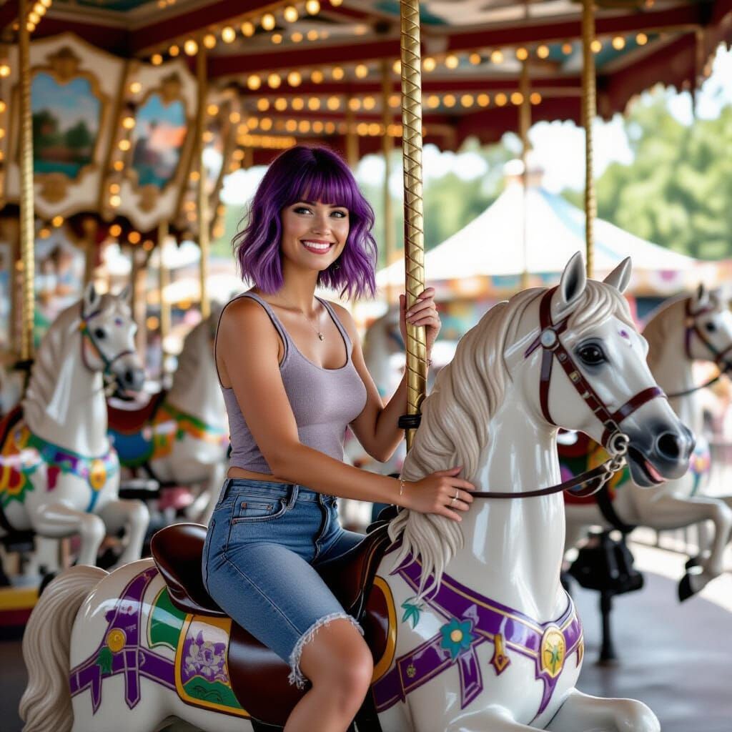 Woman With Purple Hair Rides White Carousel Horse