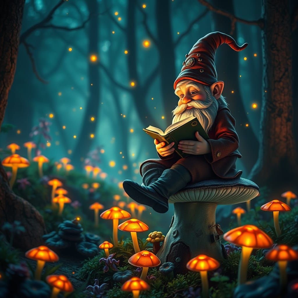 Wise Gnome Amidst Bioluminescent Forest in Hyperrealistic St...