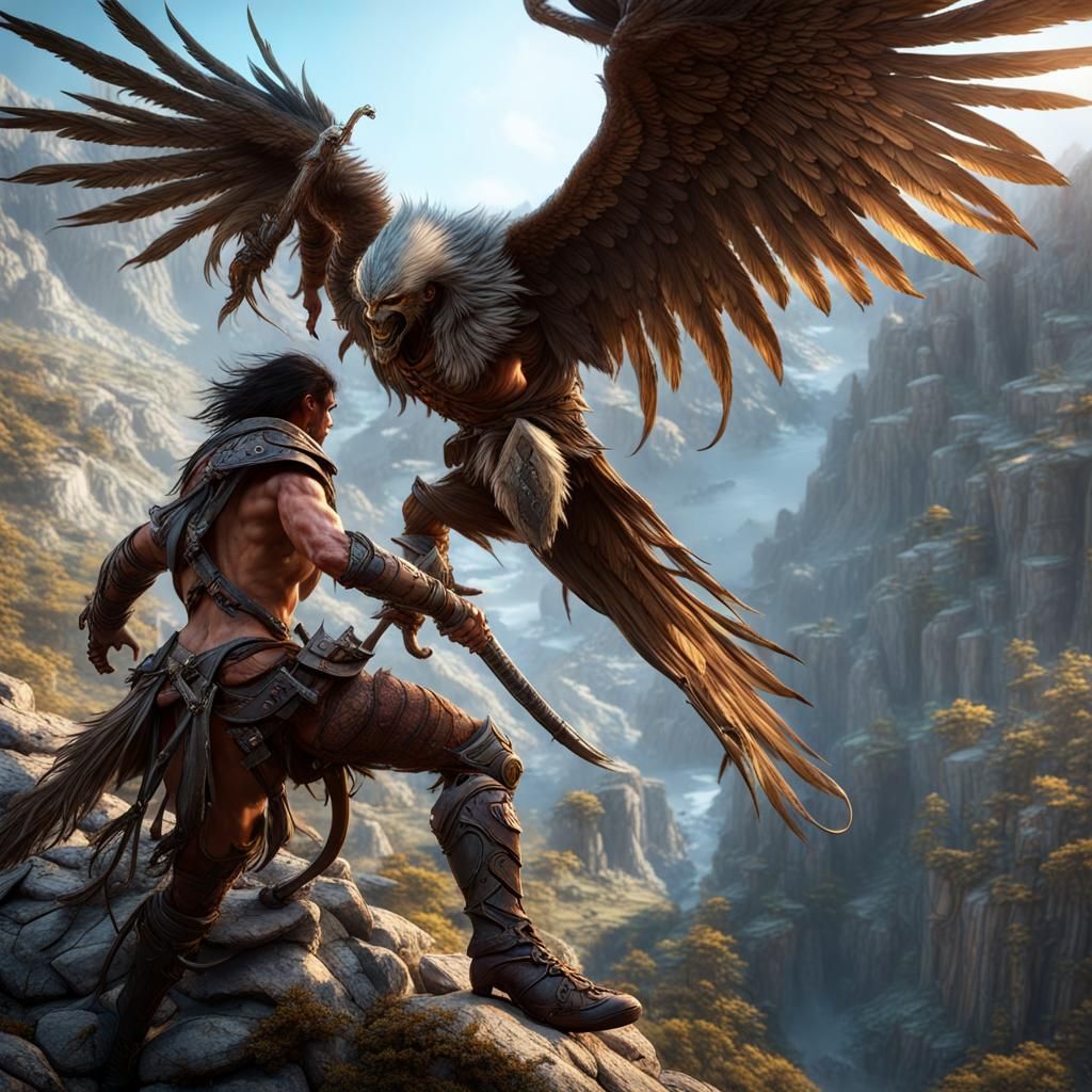 Harpy Hunts Warrior in Alpine Gorge