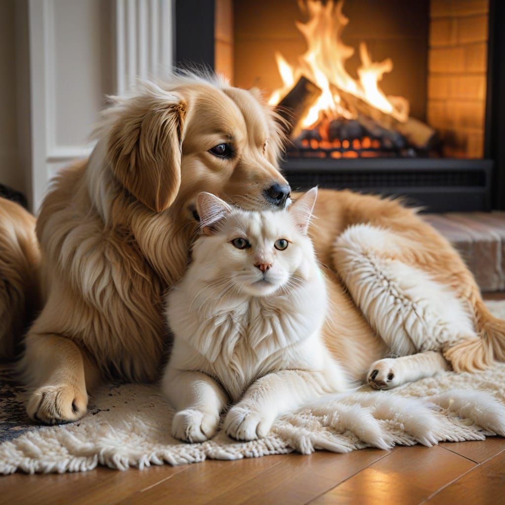 Fluffy Cat and Golden Retriever by Fireplace