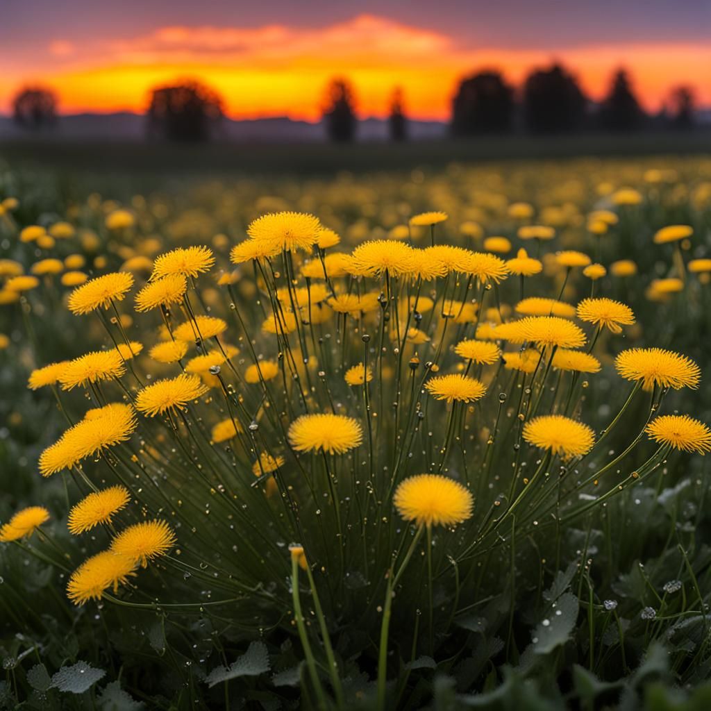 Large dew drops on bright yellow dandelion at red dawn’s early light