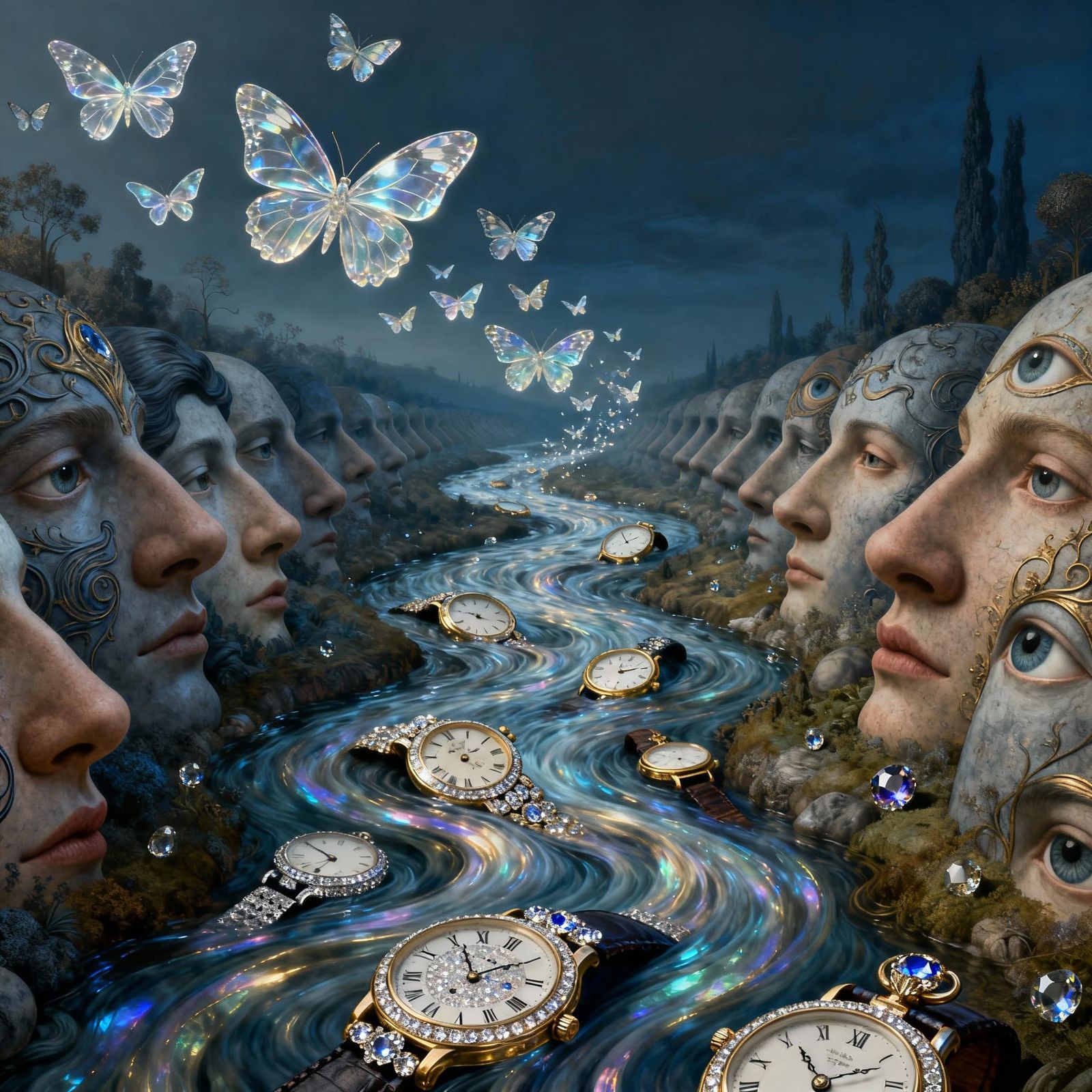 Surreal River of Watches and Eyes Painting