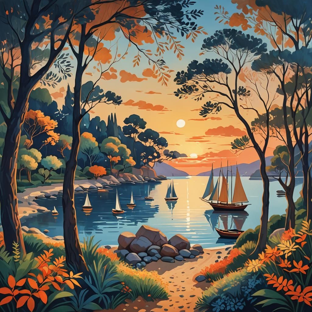 Henri Matisse Inspired Sunset Over Serene Bay