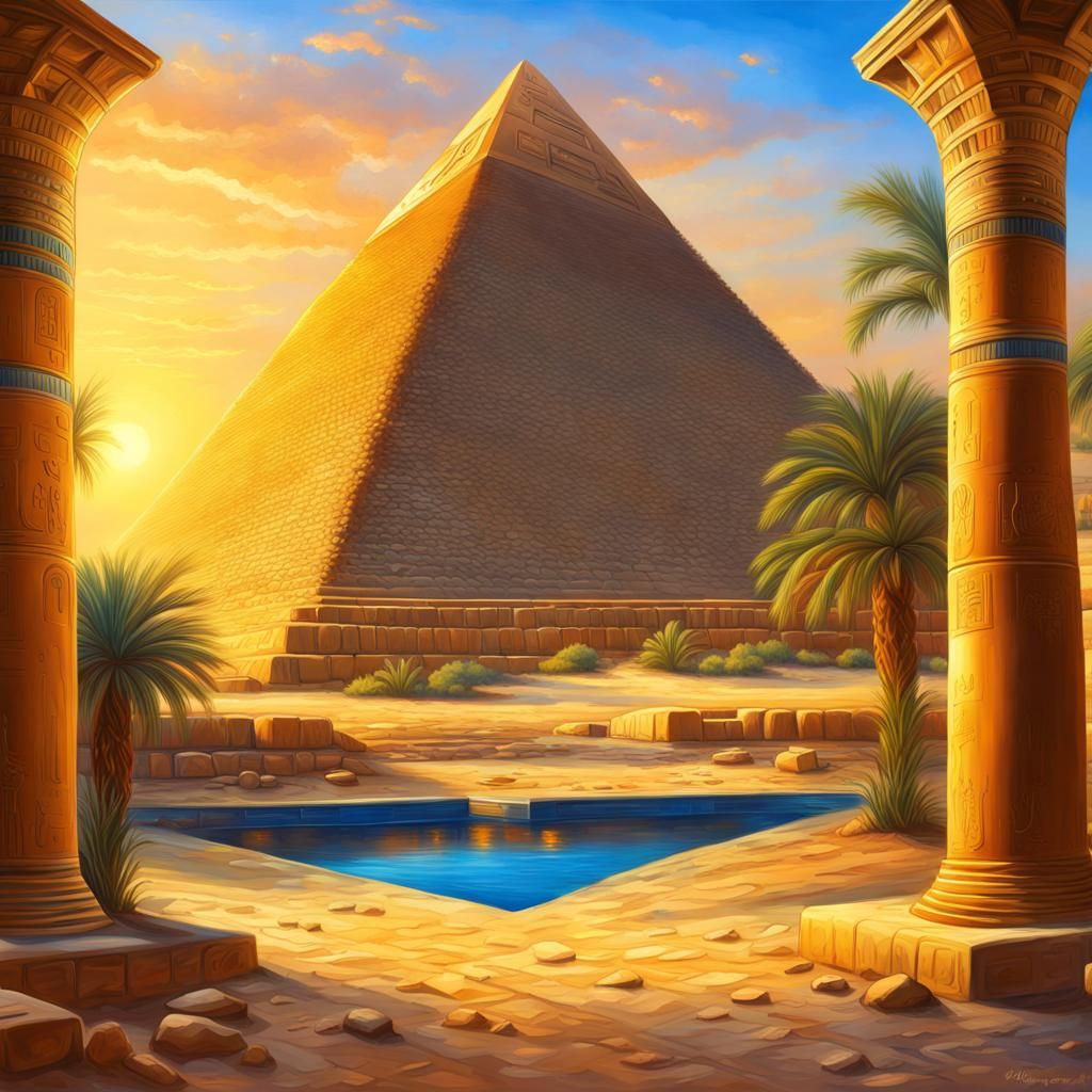 Egyptian Pyramid Oasis: Hyperdetailed Oil Painting