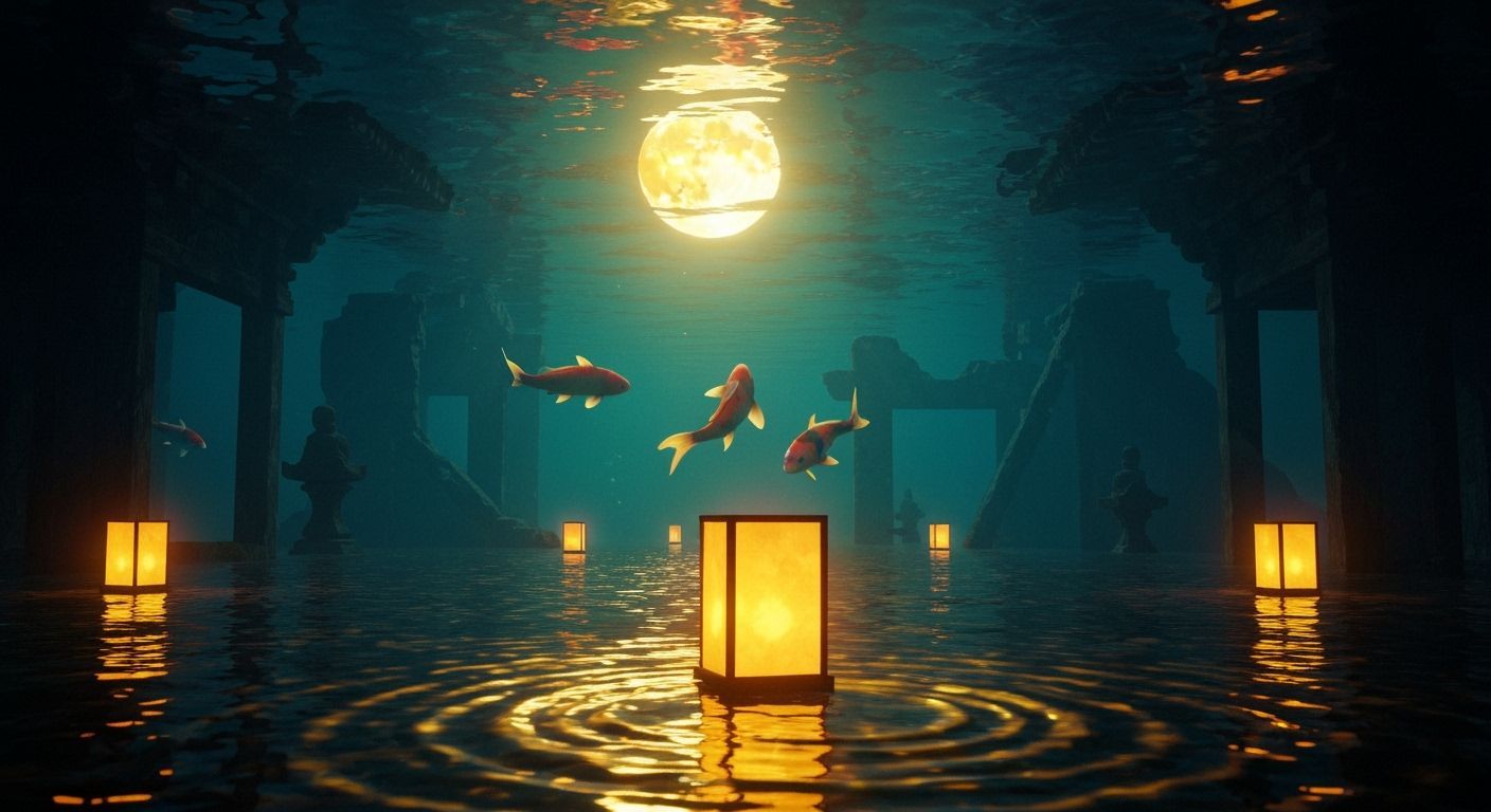 Underwater Japanese Temple in Dreamlike Cinematic Style