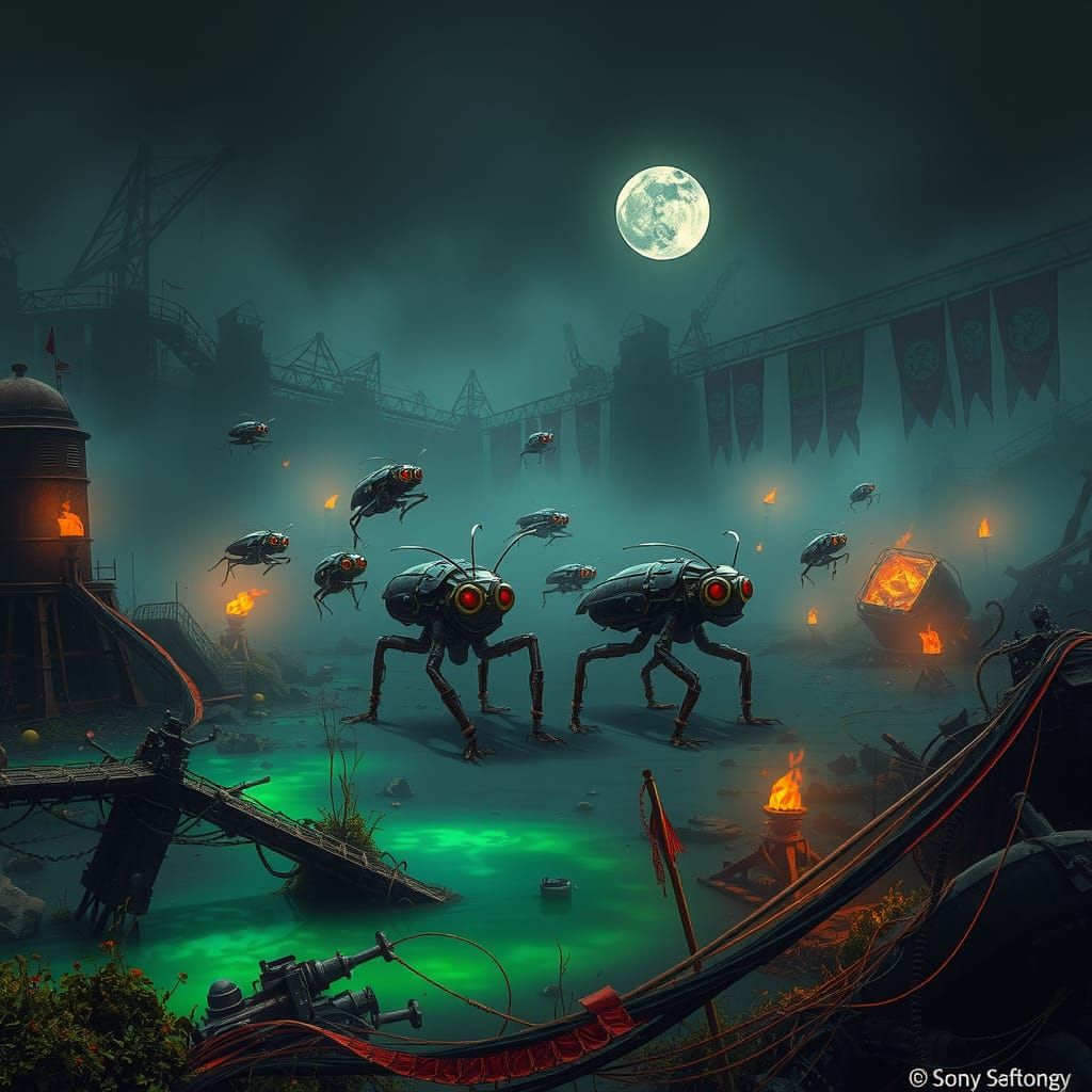 Cyborg Cockroaches March in Gothic Post-Apocalypse