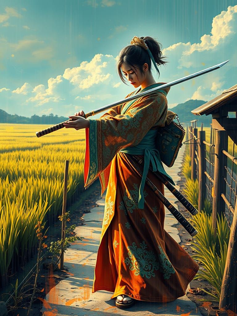 Swordswoman in Old Edo's Golden Light