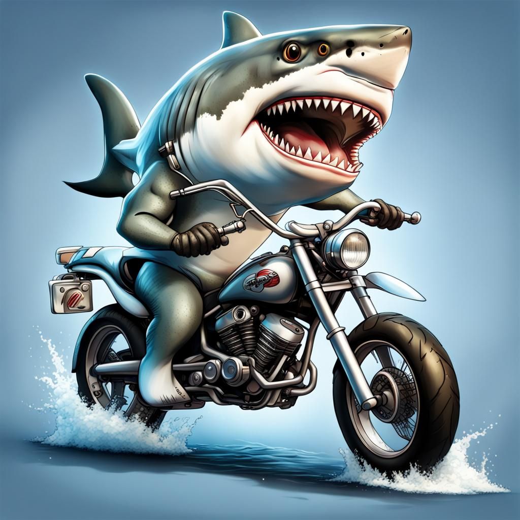 Cartoon Great White Shark Motorcycle Ride