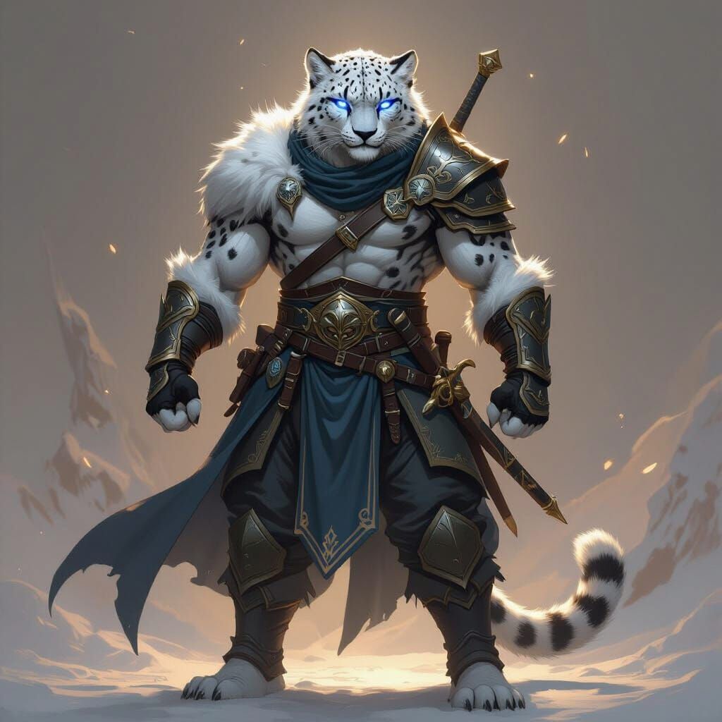 Snow Leopard Warrior with Crystal Eyes and Swords