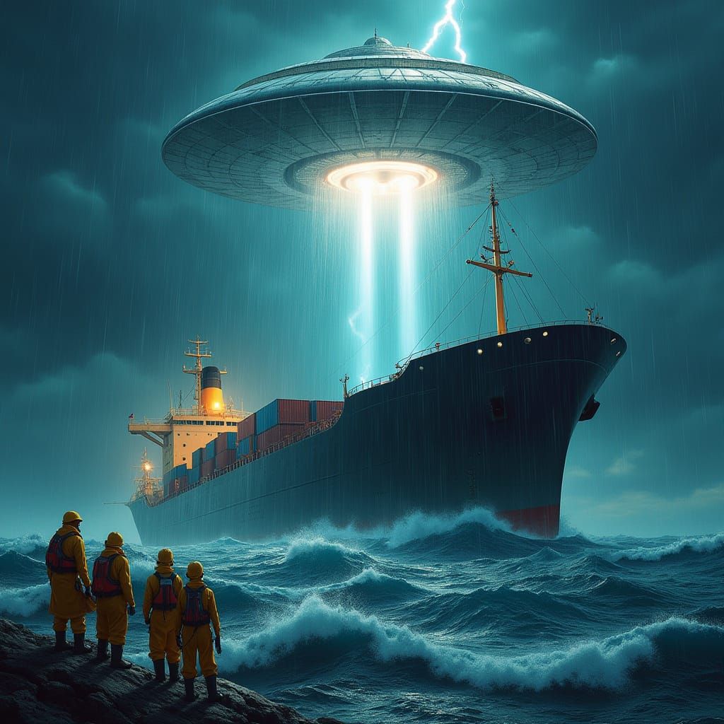 Cargo Ship Encountering UFO in Stormy Comic Book Art