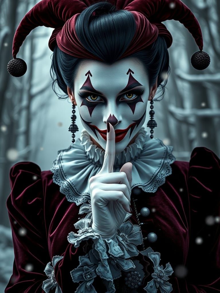 Harlequin Woman in Victorian Attire, Winter Forest Backdrop