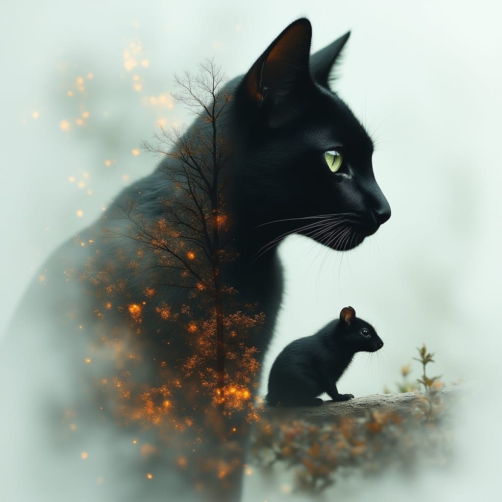Surreal Double Exposure Art: Cat and Mouse