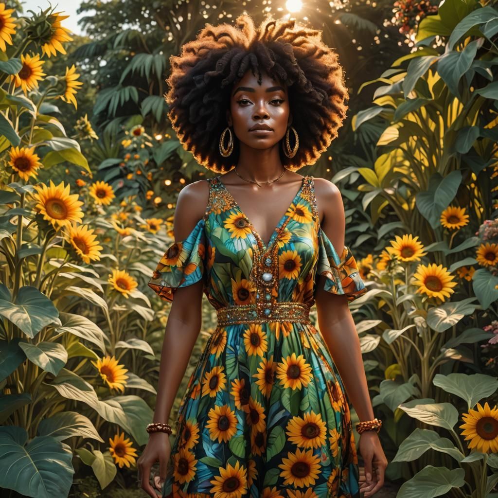 Afro-Futuristic Woman in Sunflower Garden, 3D Render