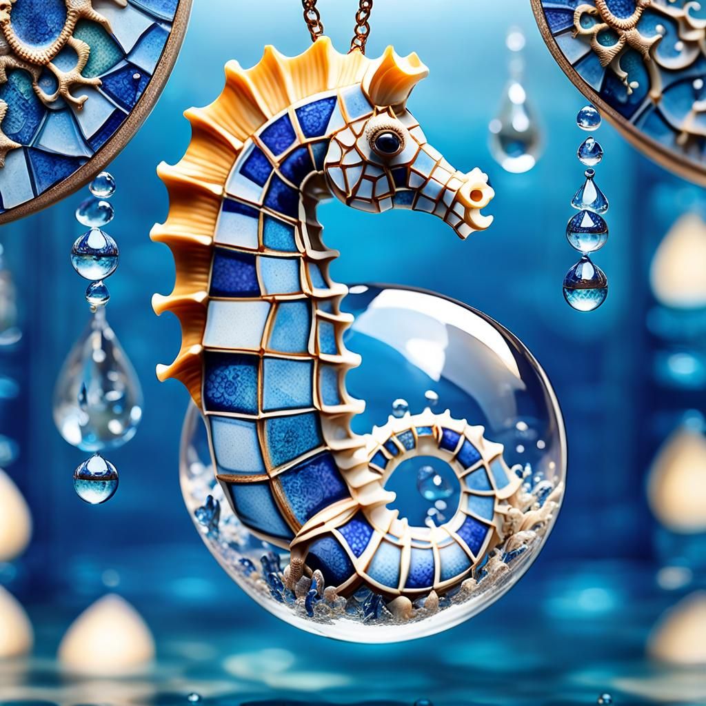 Azulejo Seahorse Encapsulated in Glistening Water Drop