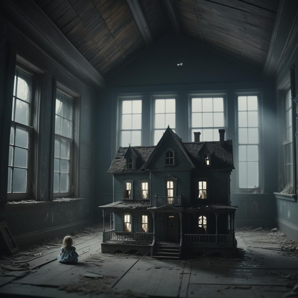 Haunted Dollhouse in Dim Attic: Photorealistic Still