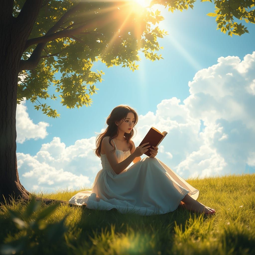 Woman Reading Diary in Anime Style Sunlight