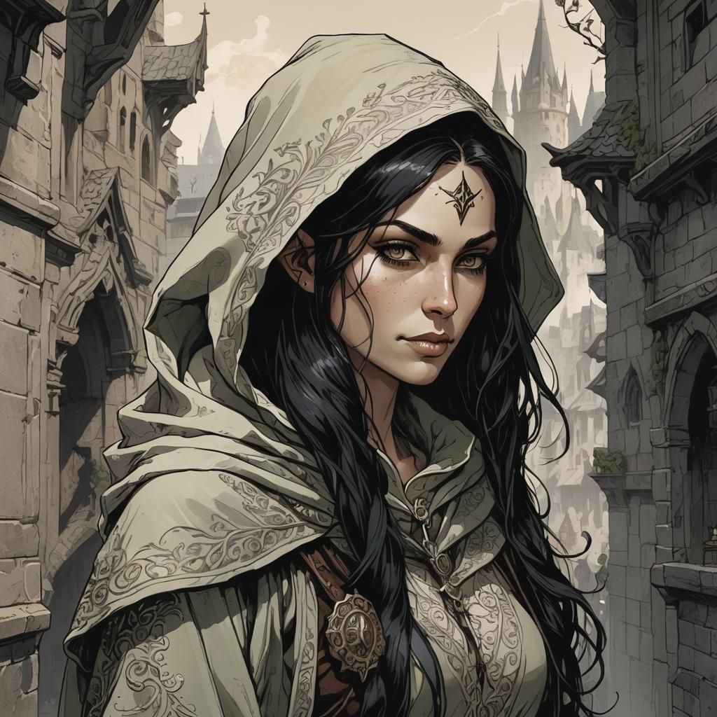 Ornate Portrait of Female Elf Rogue in Cityscape