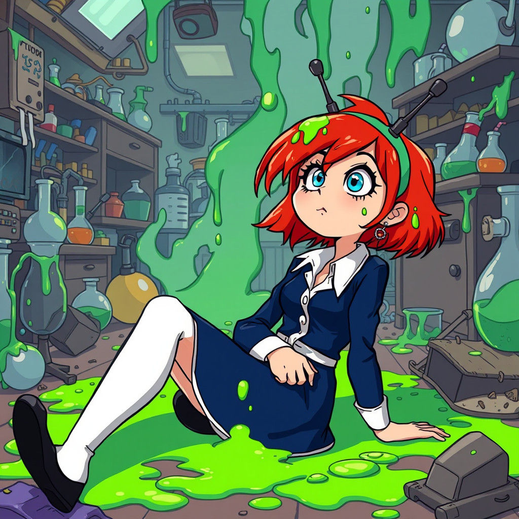 Woman in Mad Scientist Lab, 80s Cartoon Style
