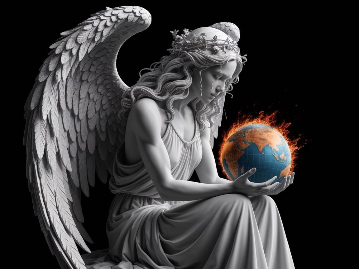 Realistic Angel Cradling a Burning World