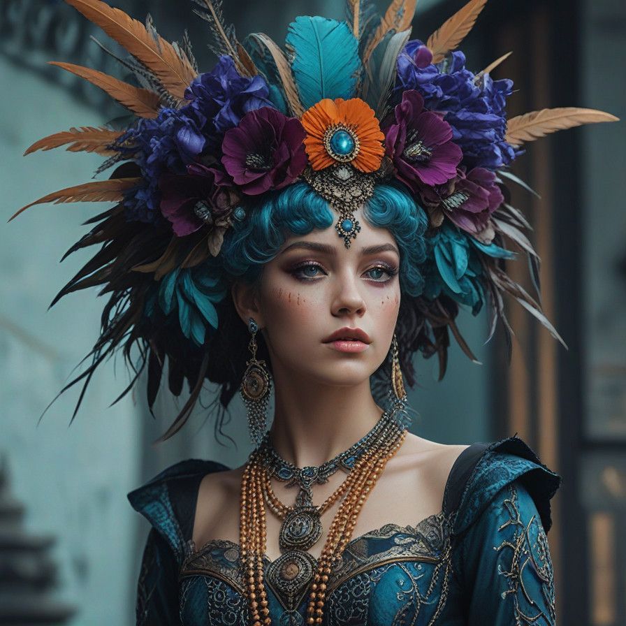 Royal Fantasy Portrait with Teal Hair and Deep Blue Eyes