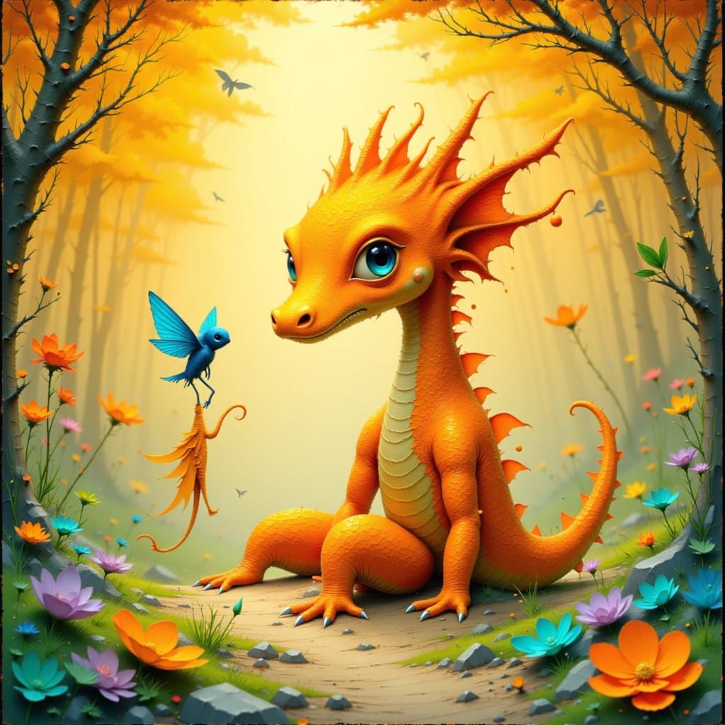 Whimsical Orange Dragon-Chameleon Hybrid as Storybook Illust...