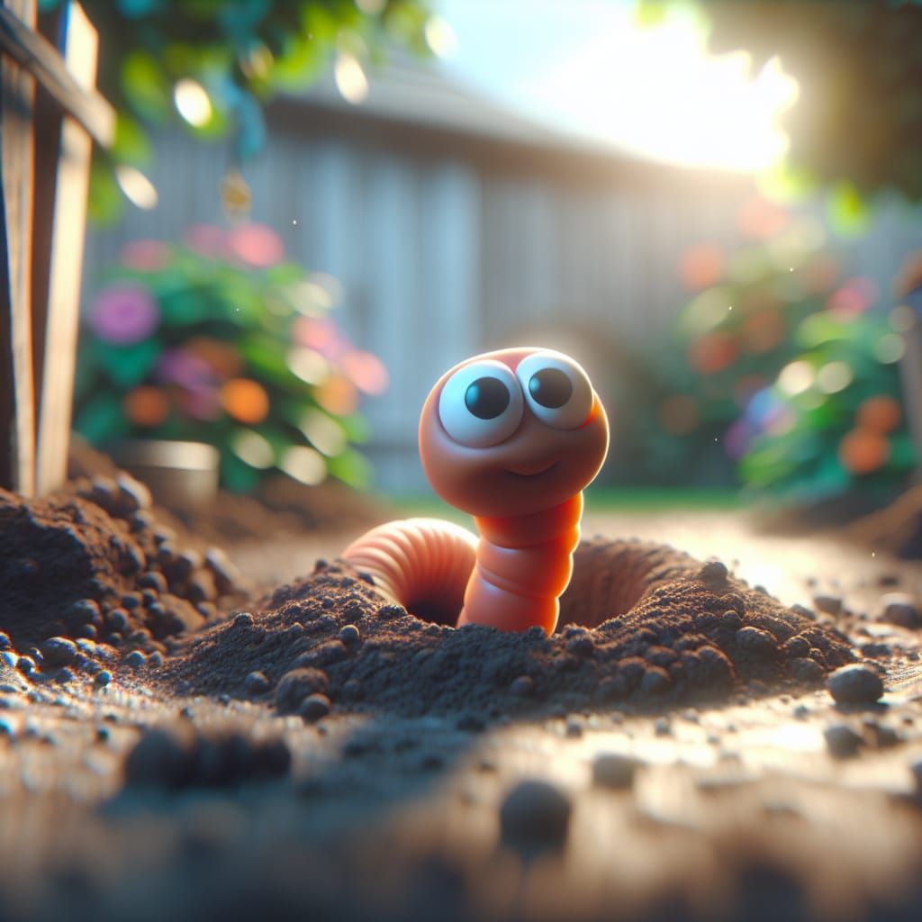 Adorable Cartoon Worm in Sunny Backyard