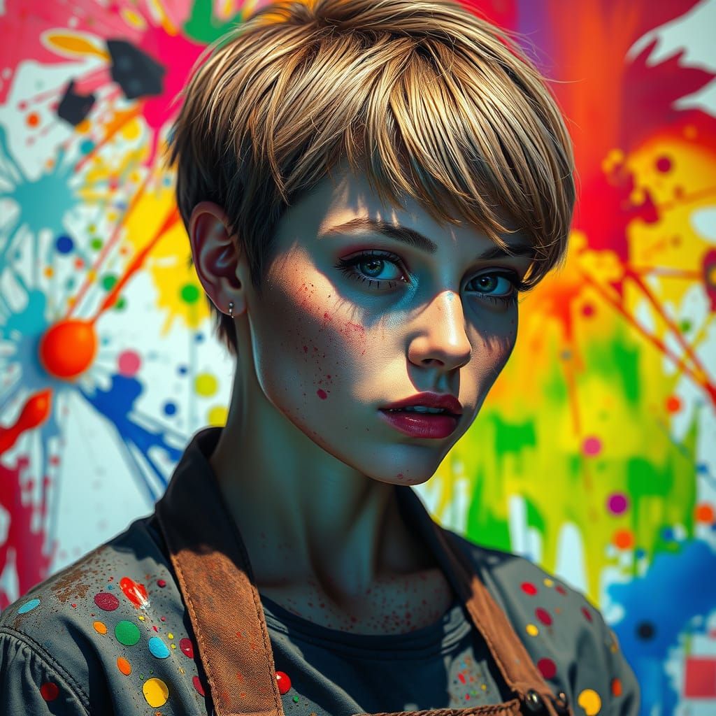 Painter's Portrait with Vibrant Paint Splatters