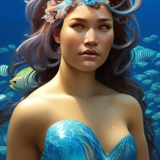 Samoan Mermaid in Ocean Blue Dress