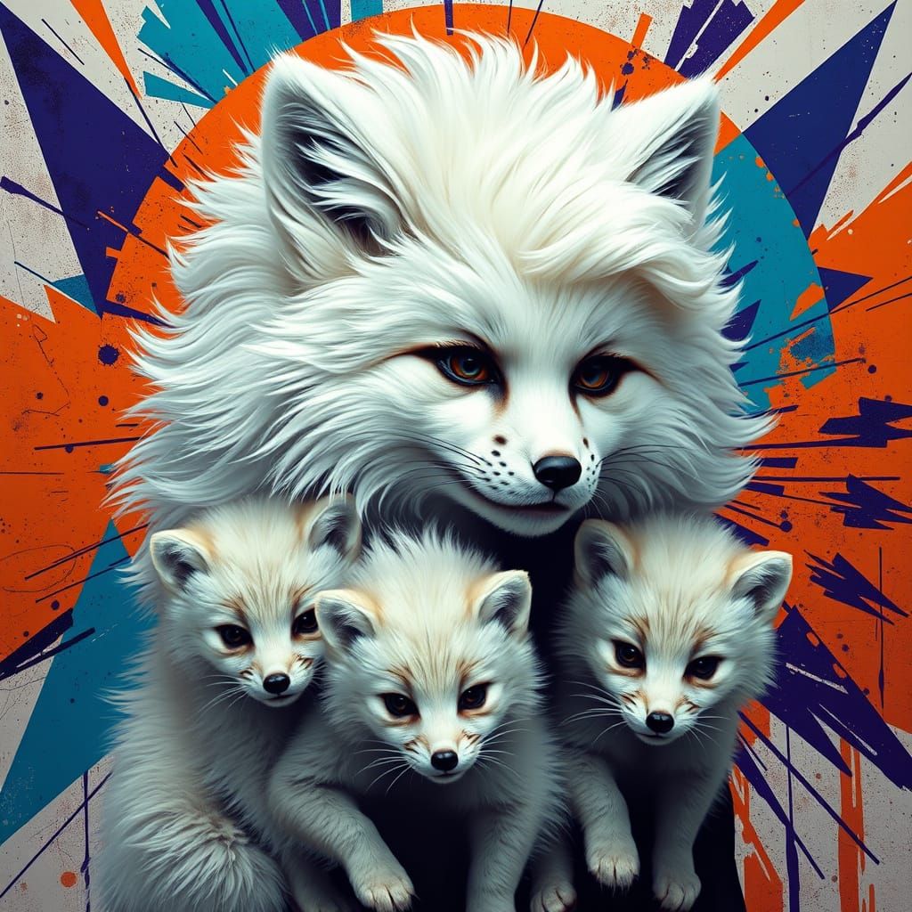 Sophisticated Arctic Fox Goddess in Vibrant Geometric Art