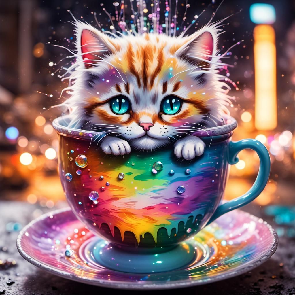 Kitty in Teacup: Graffiti Art with Rainbow Lights