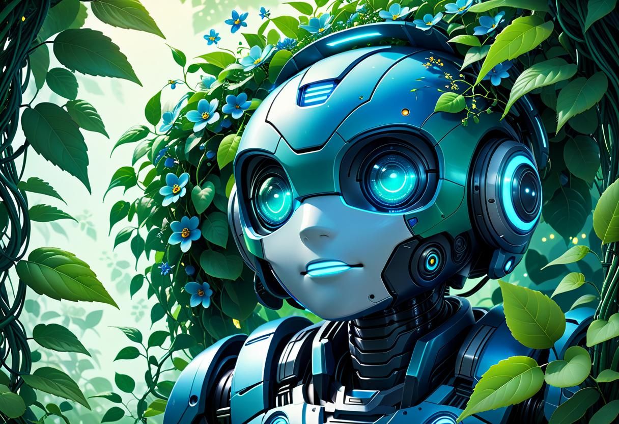 Charming Giant Robot with Glowing Flowers