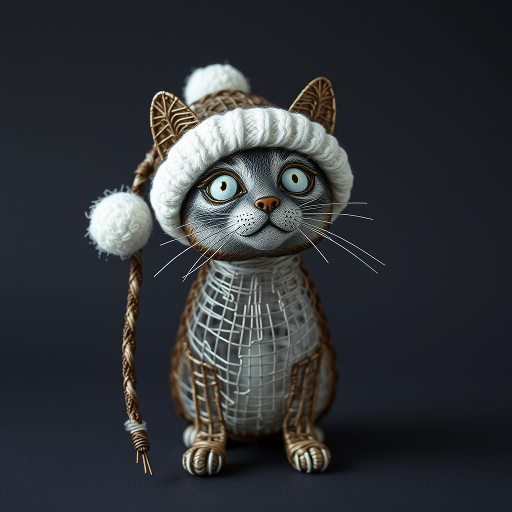 Wire Cat Sculpture in Finnish Winter Hat