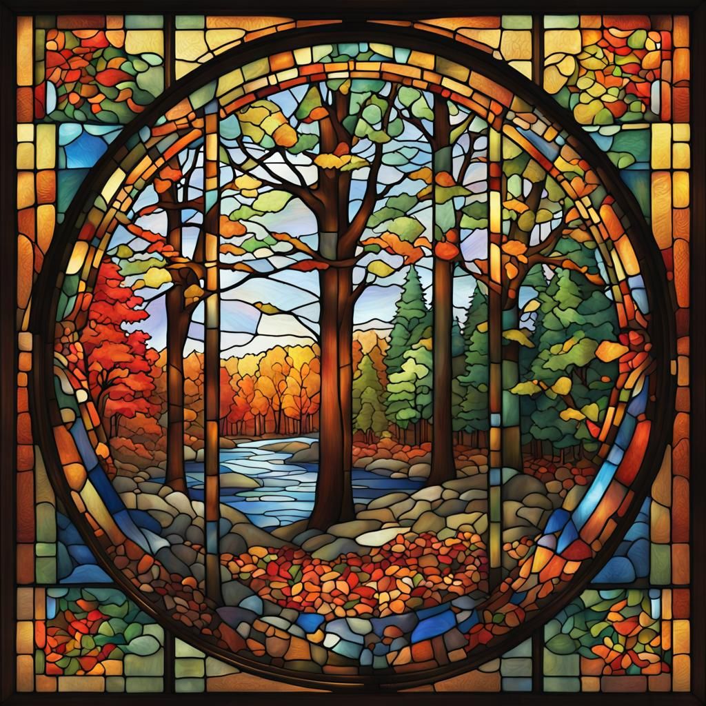 Stained Glass Window to Colorful Autumn Forest