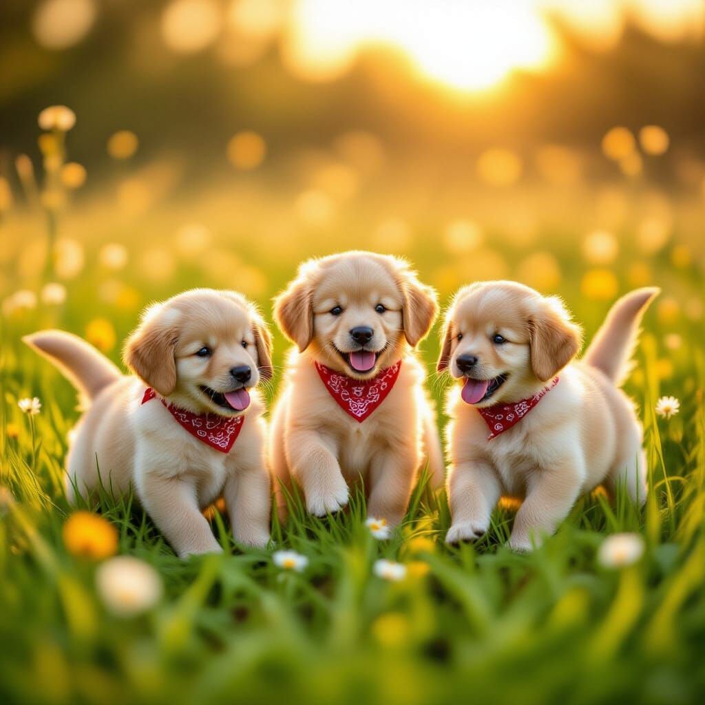 Fluffy Golden Retriever Puppies Play in Sunny Meadow