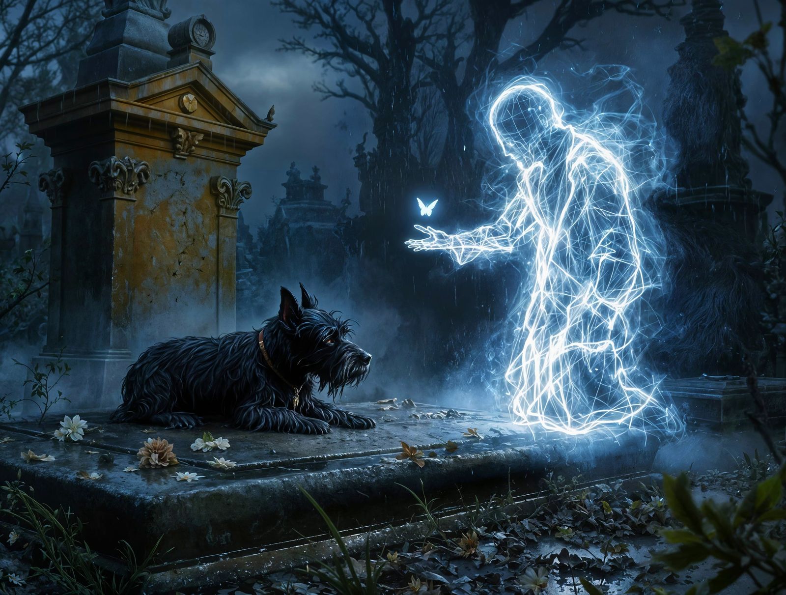 Realistic Victorian Graveyard Scene with Spirit of the Owner