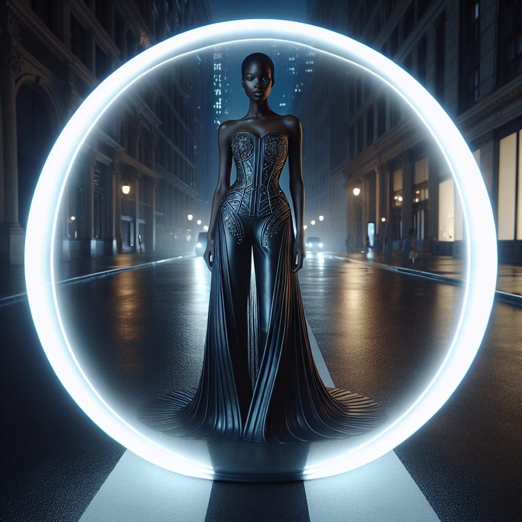 Luminescent Orb with Fashion Model in Cityscape
