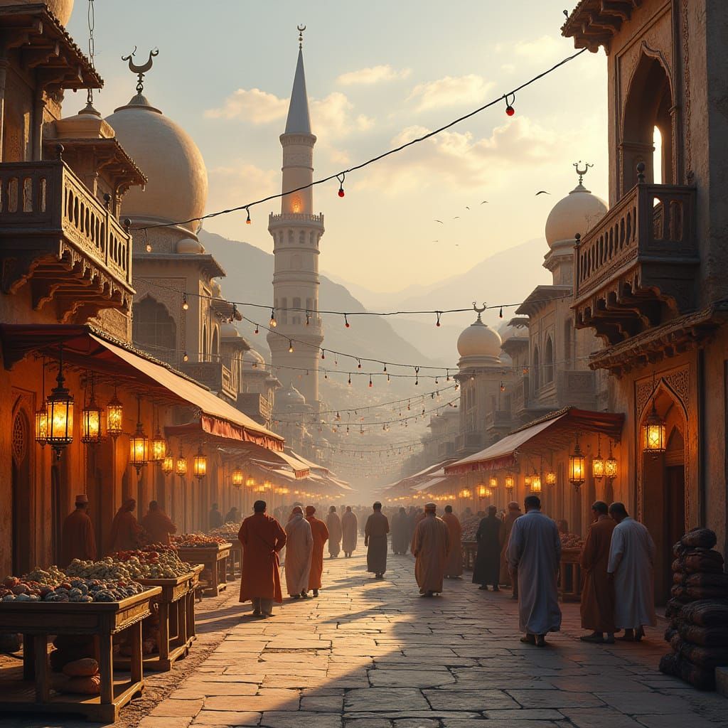Vibrant Town in Valley with Islamic Art Style